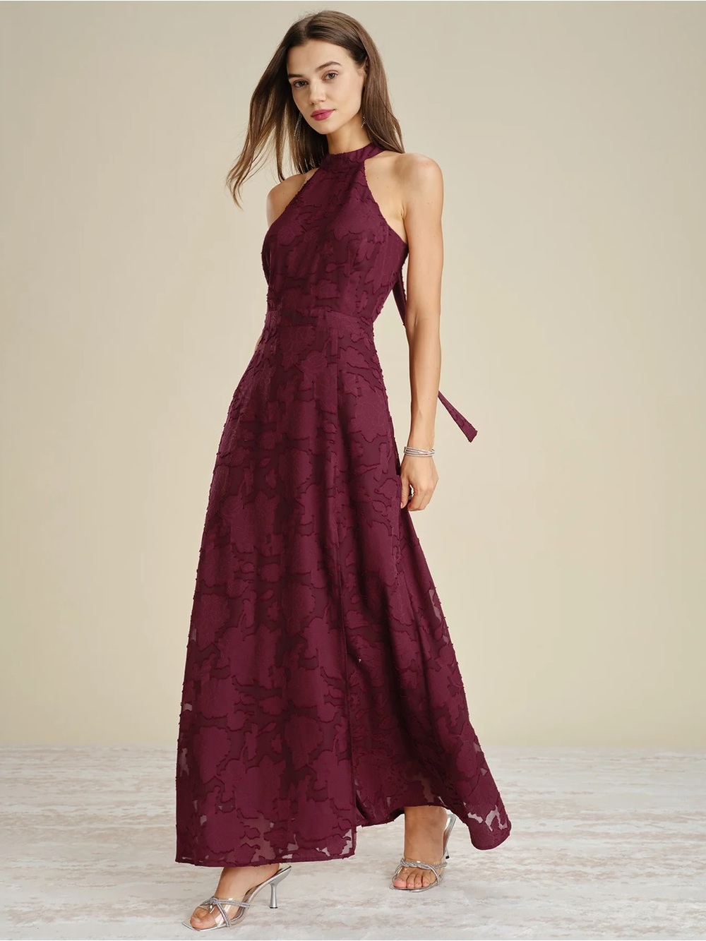 Rihoas Wine Red Mock Neck Jacquard Maxi Dress